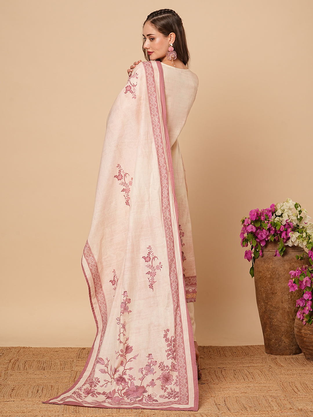 Floral Printed Mirror & Sequins Embroidered Kurta with Pants & Dupatta - Cream