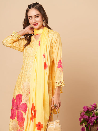 Floral Printed Resham & Sequins Embroidered Kurta with Pants & Hand Painted Dupatta - Yellow