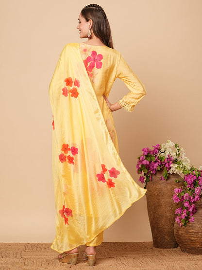 Floral Printed Resham & Sequins Embroidered Kurta with Pants & Hand Painted Dupatta - Yellow