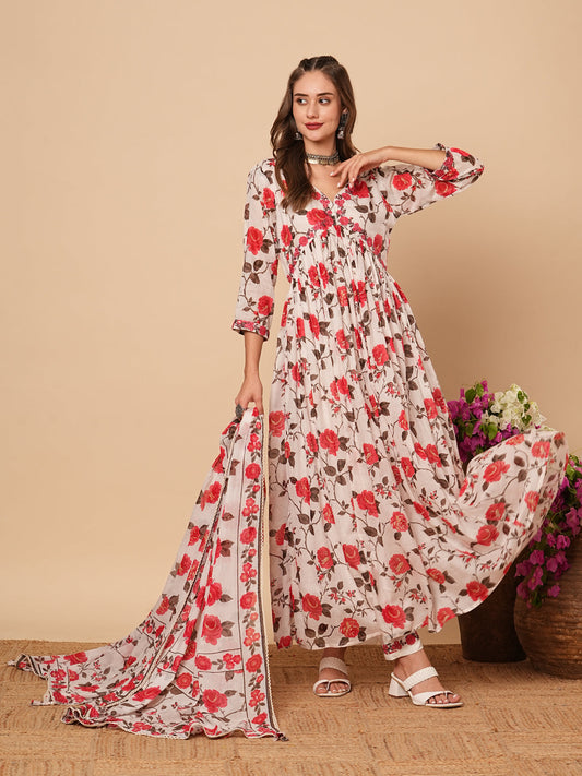 Floral Printed Resham Embroidered Pleated Mul-Cotton Kurta with Pants & Dupatta - White