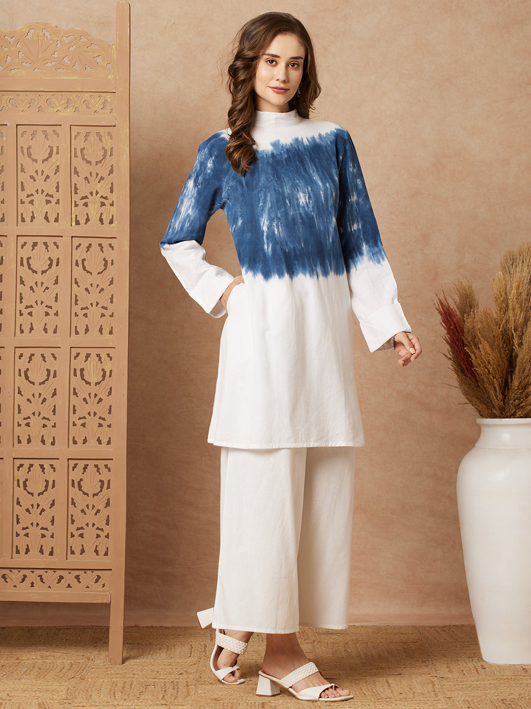 Shibori Dyed A-line Kurti with Palazzo Co-ord Set - White & Bluec