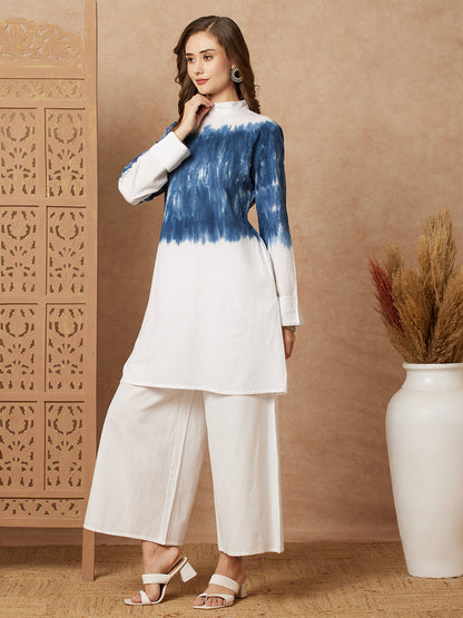 Shibori Dyed A-line Kurti with Palazzo Co-ord Set - White & Bluec