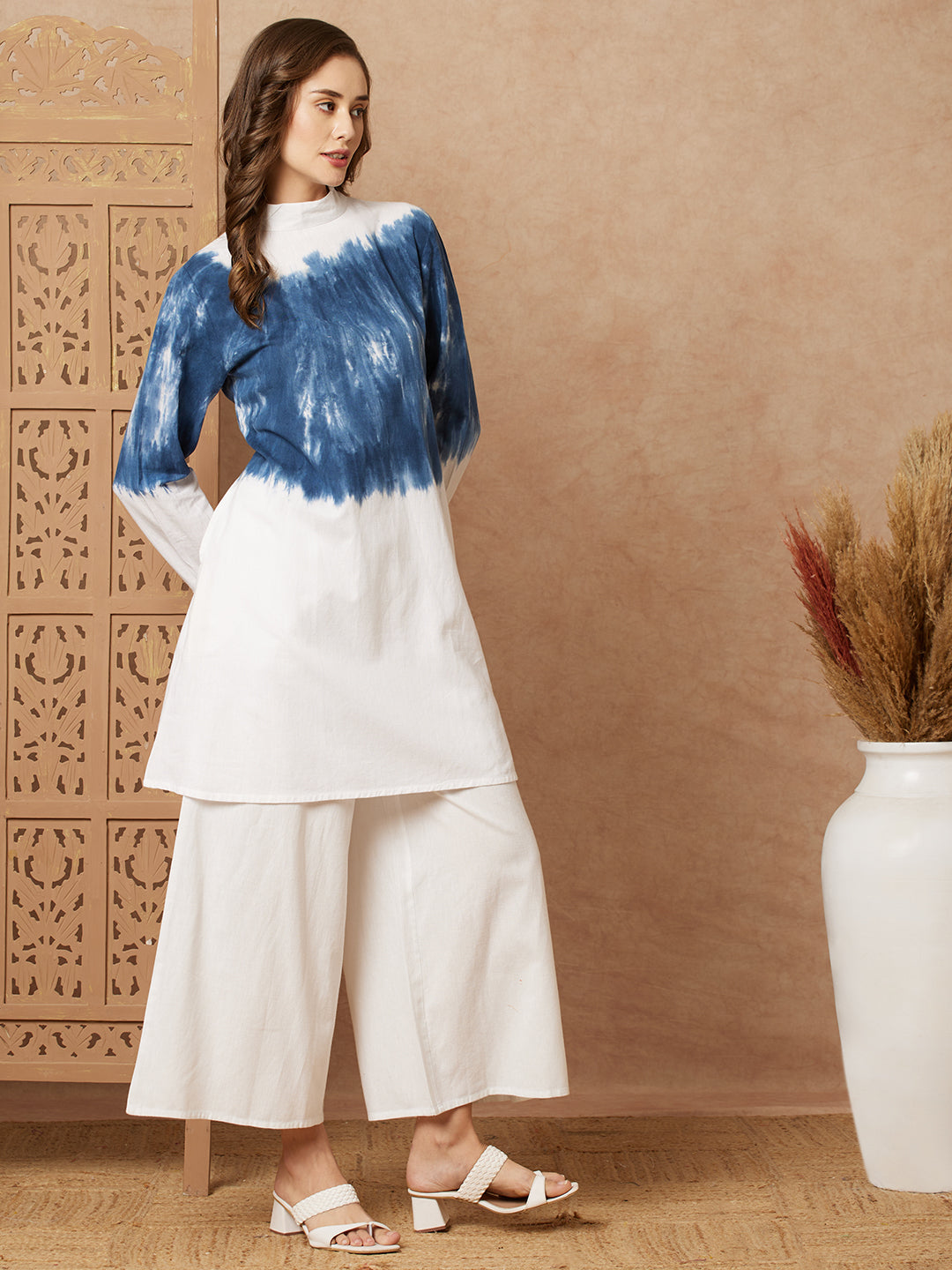 Shibori Dyed A-line Kurti with Palazzo Co-ord Set - White & Bluec