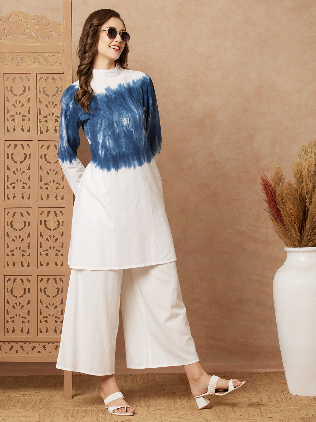 Shibori Dyed A-line Kurti with Palazzo Co-ord Set - White & Bluec