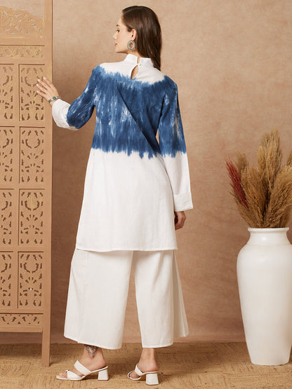 Shibori Dyed A-line Kurti with Palazzo Co-ord Set - White & Bluec