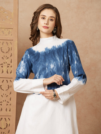 Shibori Dyed A-line Kurti with Palazzo Co-ord Set - White & Bluec