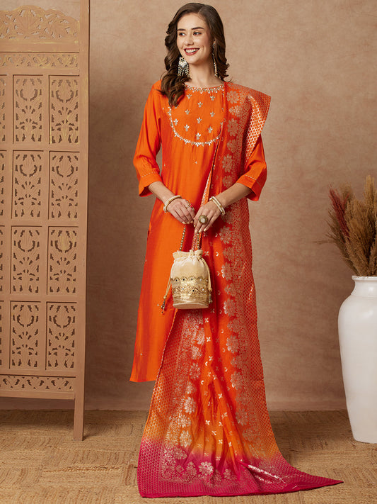 Solid Floral Hand Embroidered & Kurta with Pant & Ombre Dyed Dupatta - Orange