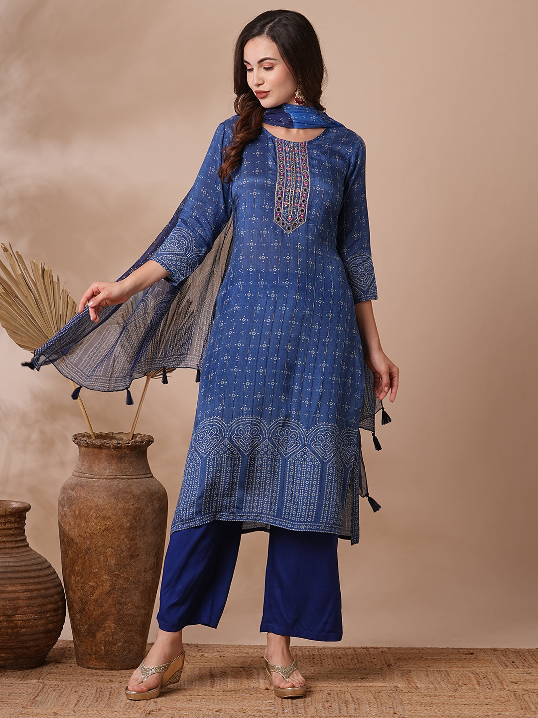 Ethnic Bandhani Printed & Embroidered Straight Kurta with Pant & Dupatta - Blue