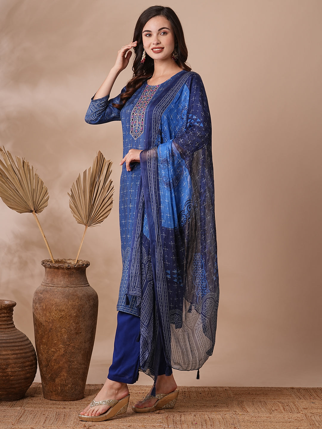 Ethnic Bandhani Printed & Embroidered Straight Kurta with Pant & Dupatta - Blue