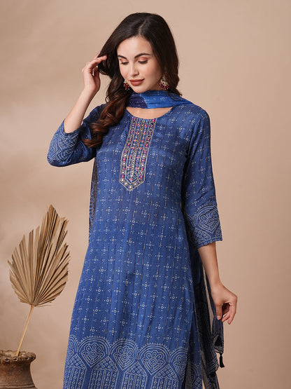 Ethnic Bandhani Printed & Embroidered Straight Kurta with Pant & Dupatta - Blue