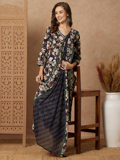 Floral Printed Straight Fit Kurta with Pant & Dupatta - Navy Blue