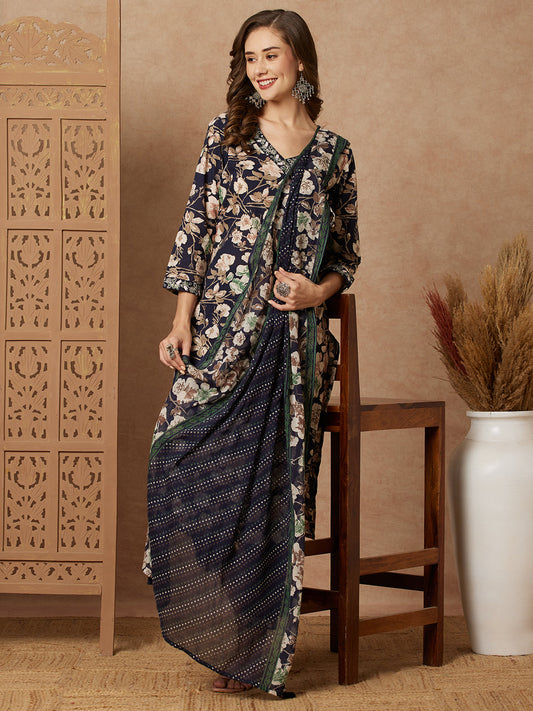 Floral Printed Straight Fit Kurta with Pant & Dupatta - Navy Blue