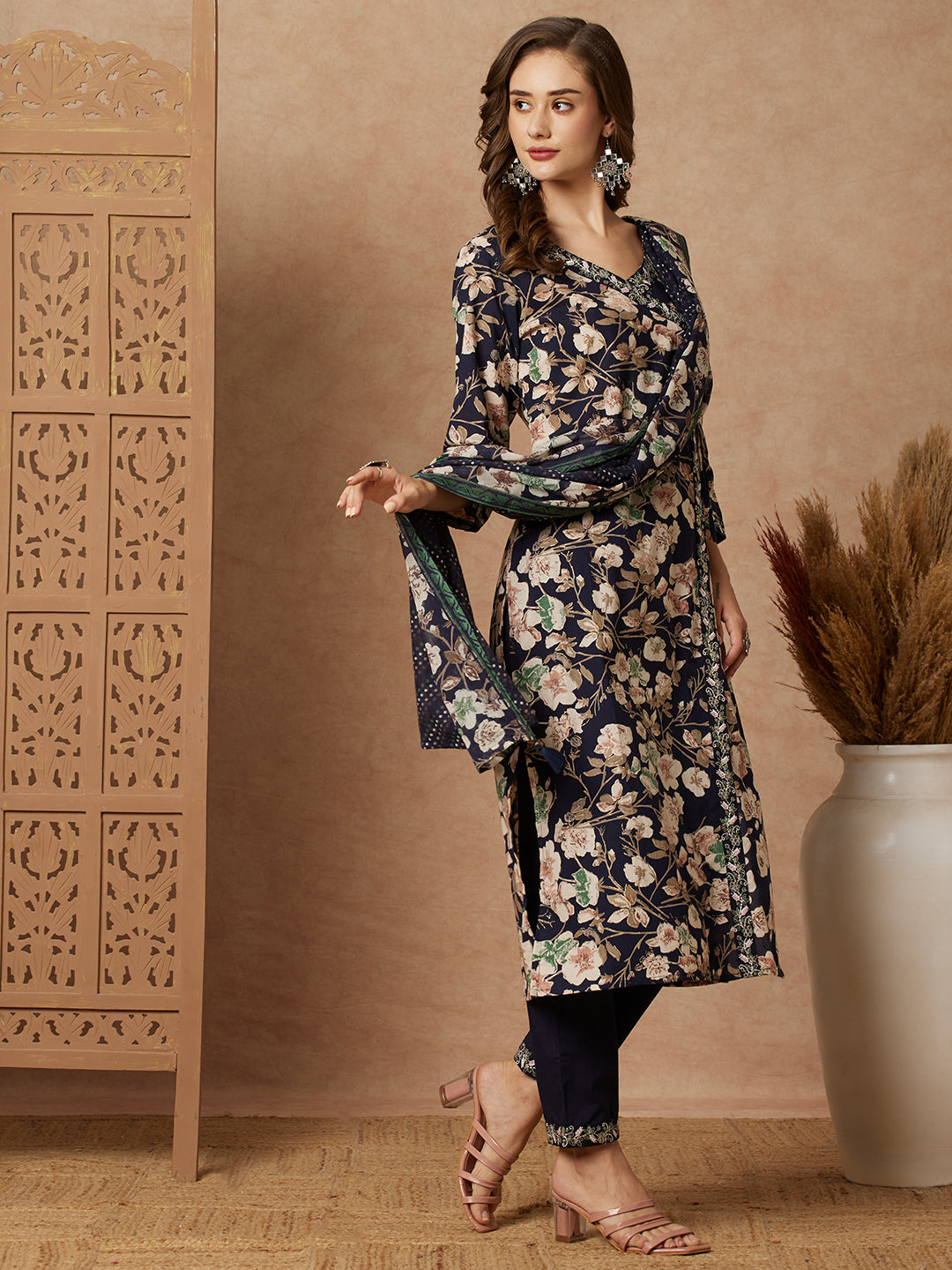 Floral Printed Straight Fit Kurta with Pant & Dupatta - Navy Blue