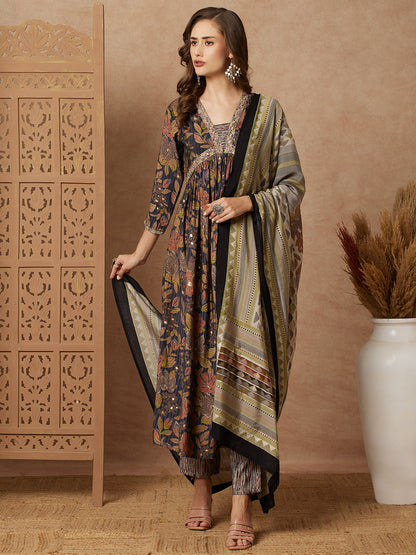 Floral Printed & Embroidered A-Line Pleated Kurta with Pant & Dupatta - Grey