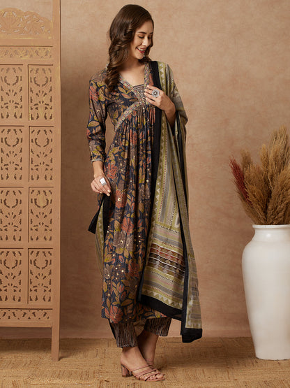 Floral Printed & Embroidered A-Line Pleated Kurta with Pant & Dupatta - Grey