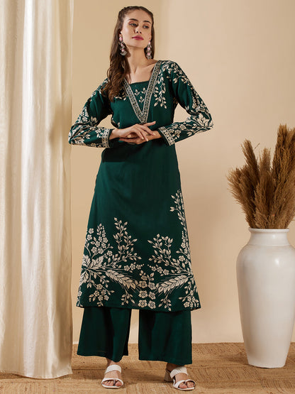 Floral Printed & Hand Embroidered A-Line Kurta with Flared Palazzo - Green