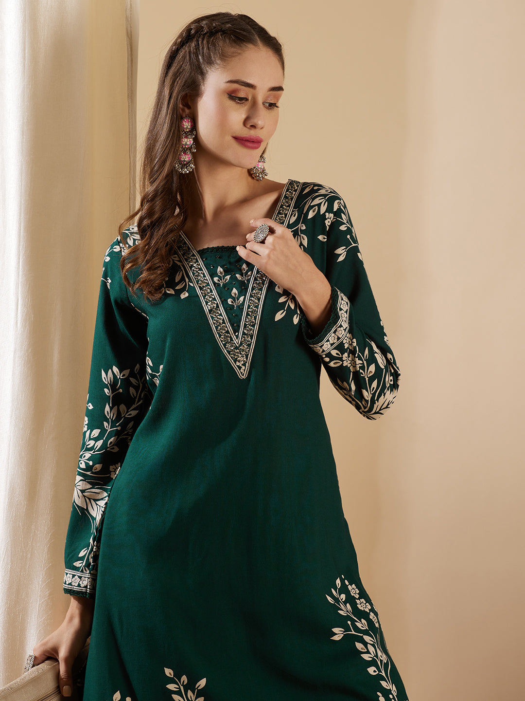 Floral Printed & Hand Embroidered A-Line Kurta with Flared Palazzo - Green