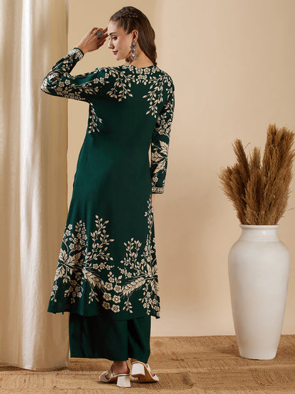 Floral Printed & Hand Embroidered A-Line Kurta with Flared Palazzo - Green