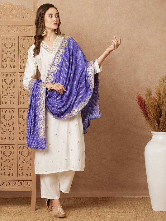 Solid Ethnic Gota Embroidered Kurta with Pant & Bandhani Printed Dupatta - Off White