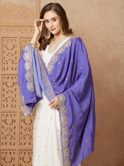 Solid Ethnic Gota Embroidered Kurta with Pant & Bandhani Printed Dupatta - Off White