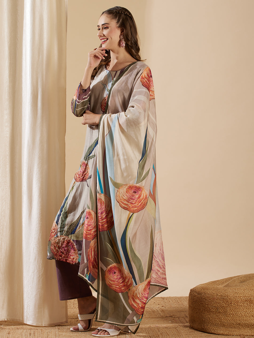 Floral Printed Mirror & Cutdana Embroidered Kurta with Pants & Dupatta - Multi