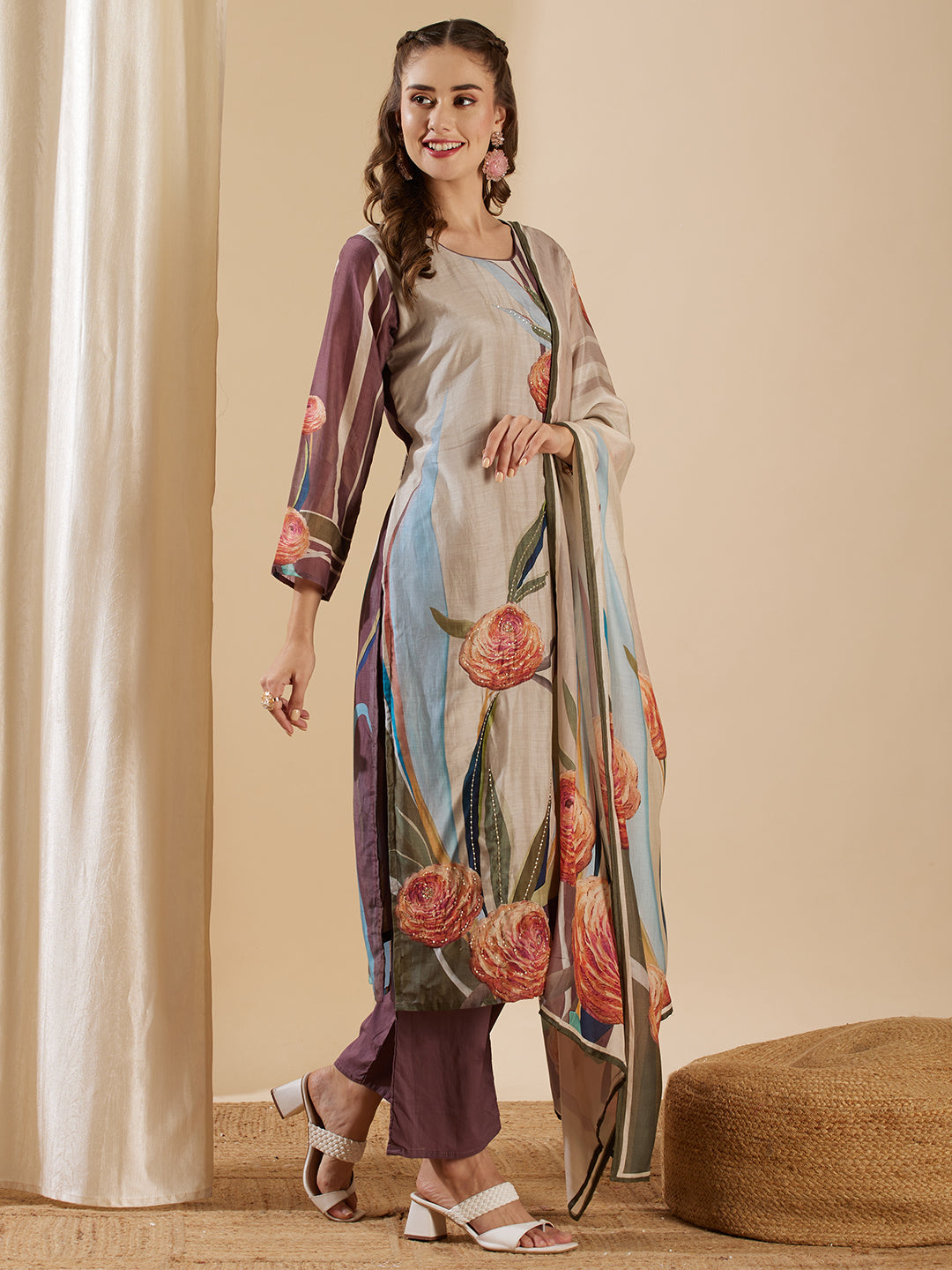 Floral Printed Mirror & Cutdana Embroidered Kurta with Pants & Dupatta - Multi