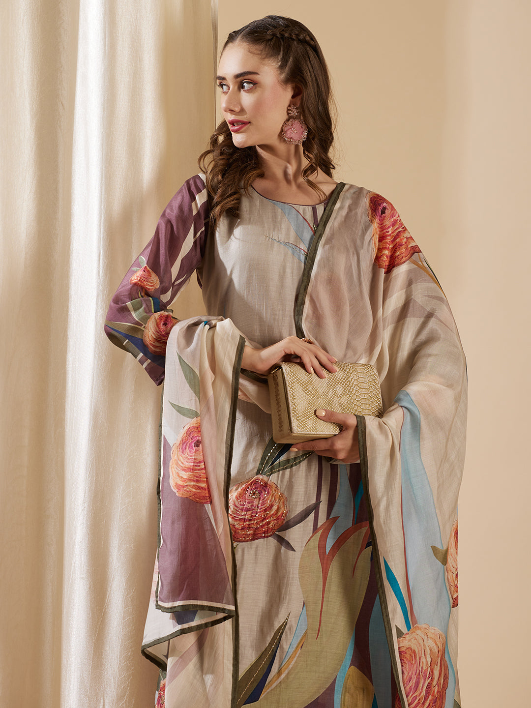 Floral Printed Mirror & Cutdana Embroidered Kurta with Pants & Dupatta - Multi