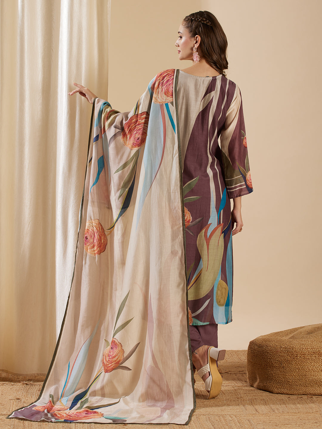 Floral Printed Mirror & Cutdana Embroidered Kurta with Pants & Dupatta - Multi