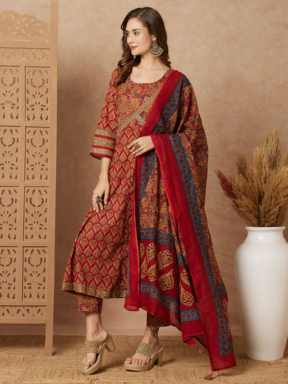 Floral Ethnic Printed & Embroidered Anarkali Kurta with Pant & Dupatta - Maroon