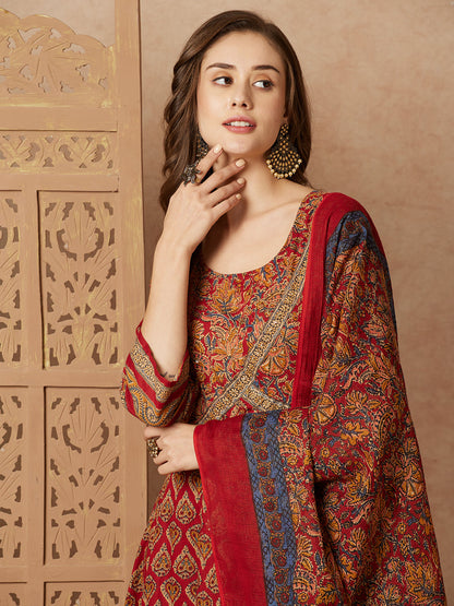 Floral Ethnic Printed & Embroidered Anarkali Kurta with Pant & Dupatta - Maroon