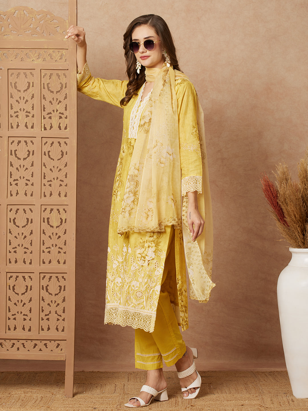 Floral Printed & Sequin Embroidered Straight Kurta with Pant & Dupatta - Pink