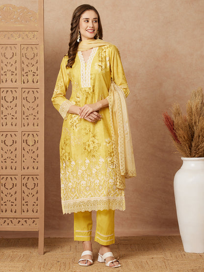 Floral Printed & Schiffli Embroidered Straight Kurta with Pant & Dupatta - Yellow