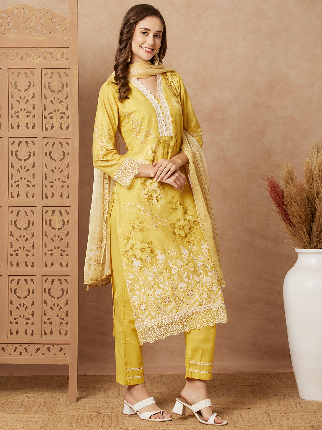 Floral Printed & Sequin Embroidered Straight Kurta with Pant & Dupatta - Pink