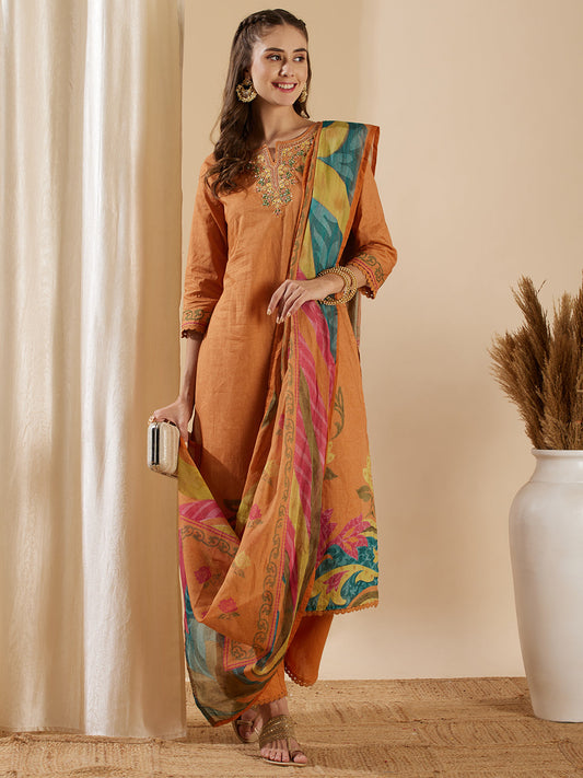 Floral Printed & Embroidered Straight Fit Kurta with Pant and Dupatta - Camel Brown