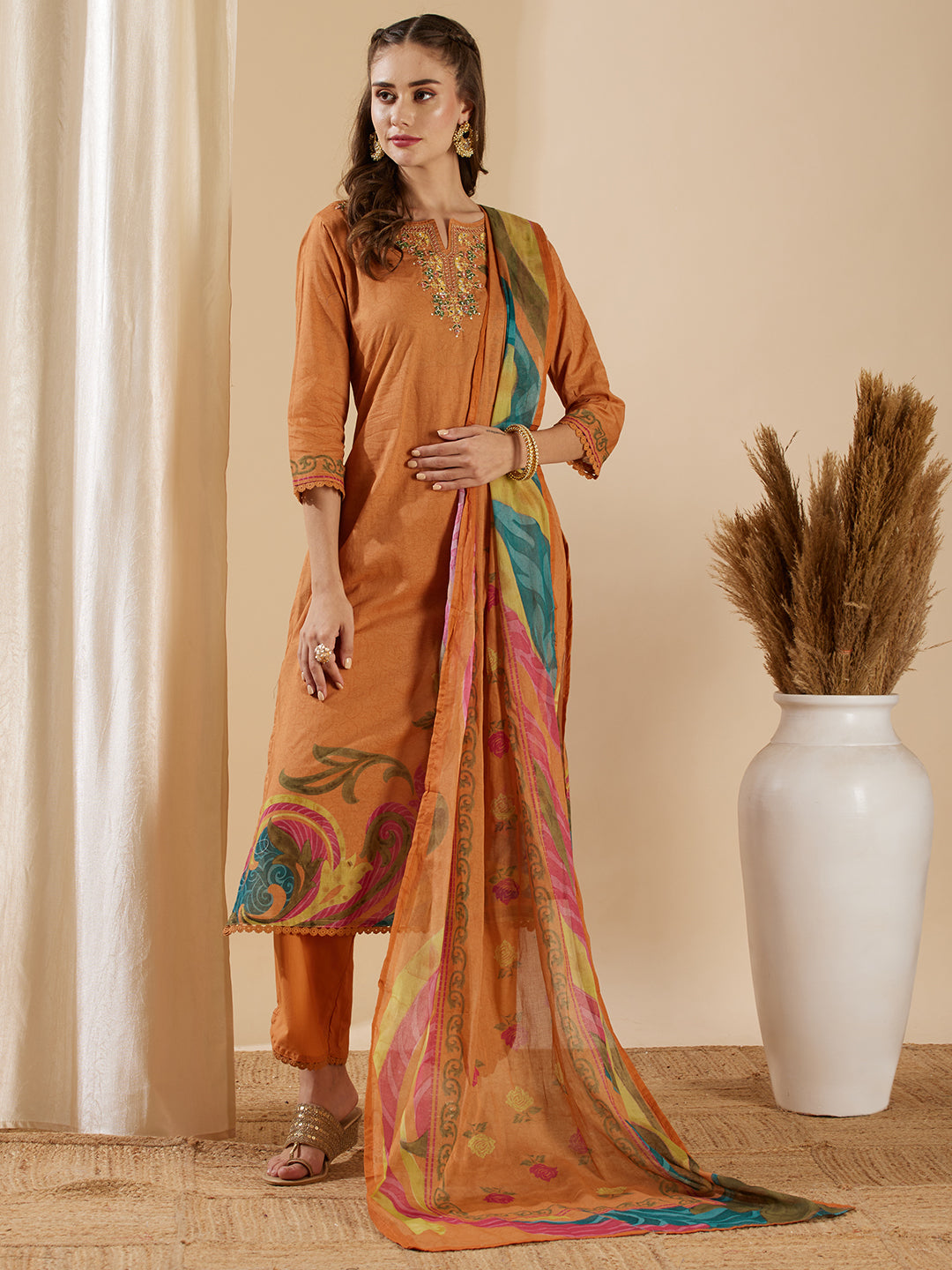 Floral Printed & Embroidered Straight Fit Kurta with Pant and Dupatta - Camel Brown