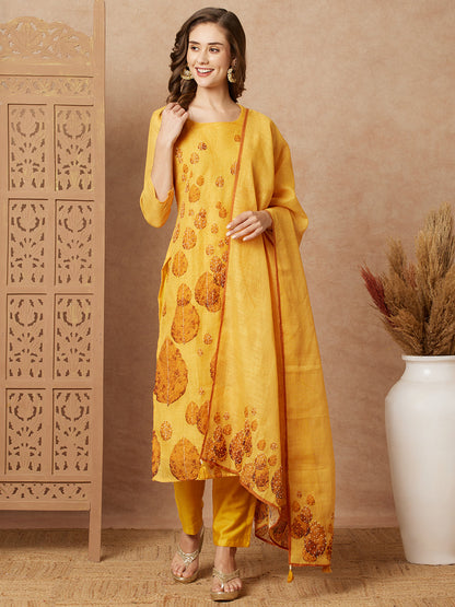 Leaf Printed & Embroidered Straight Kurta with Pant & Dupatta - Yellow