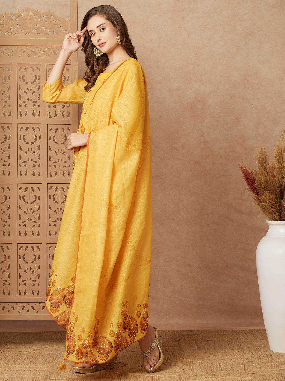 Leaf Printed & Embroidered Straight Kurta with Pant & Dupatta - Yellow