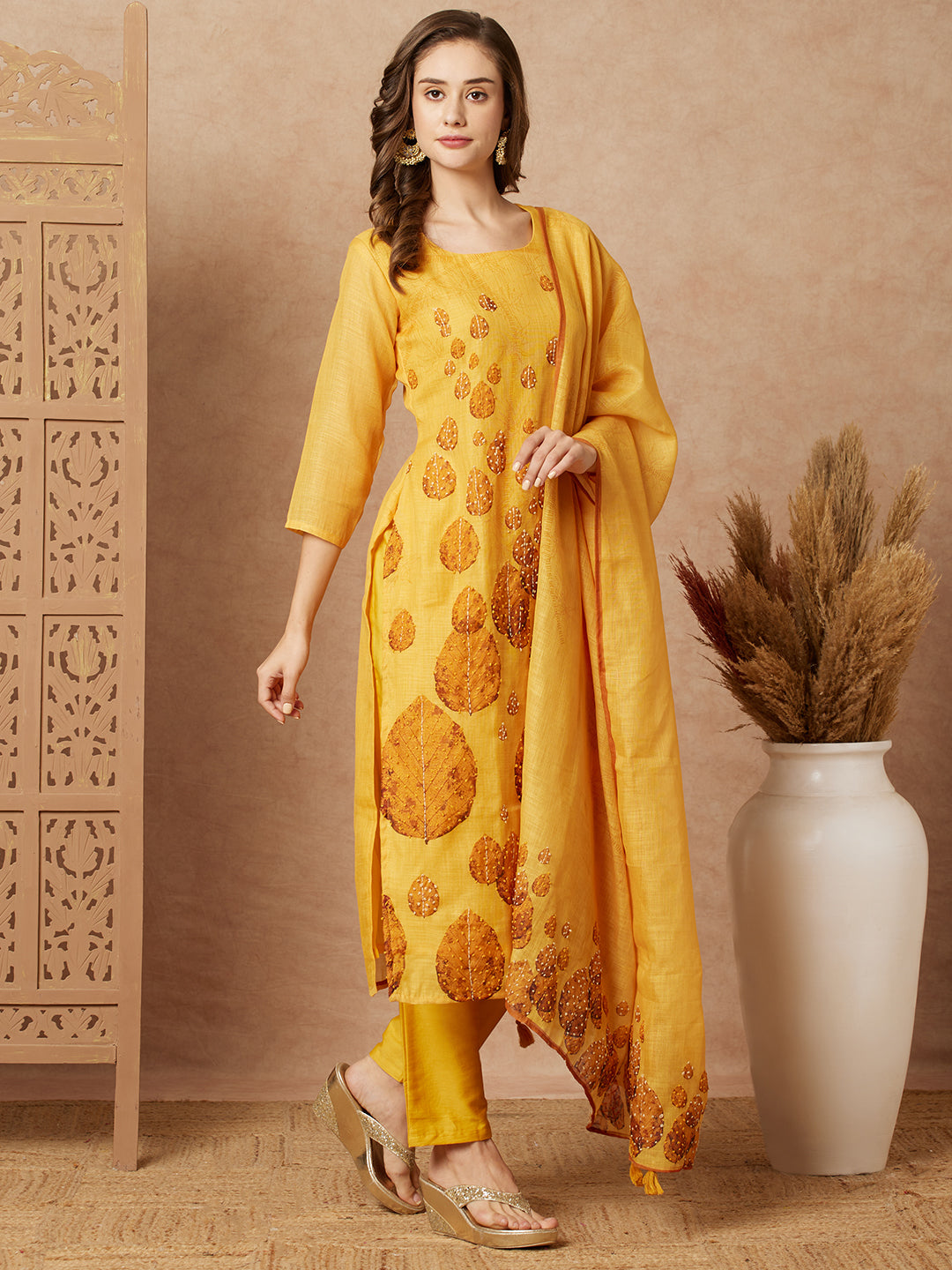 Leaf Printed & Embroidered Straight Kurta with Pant & Dupatta - Yellow