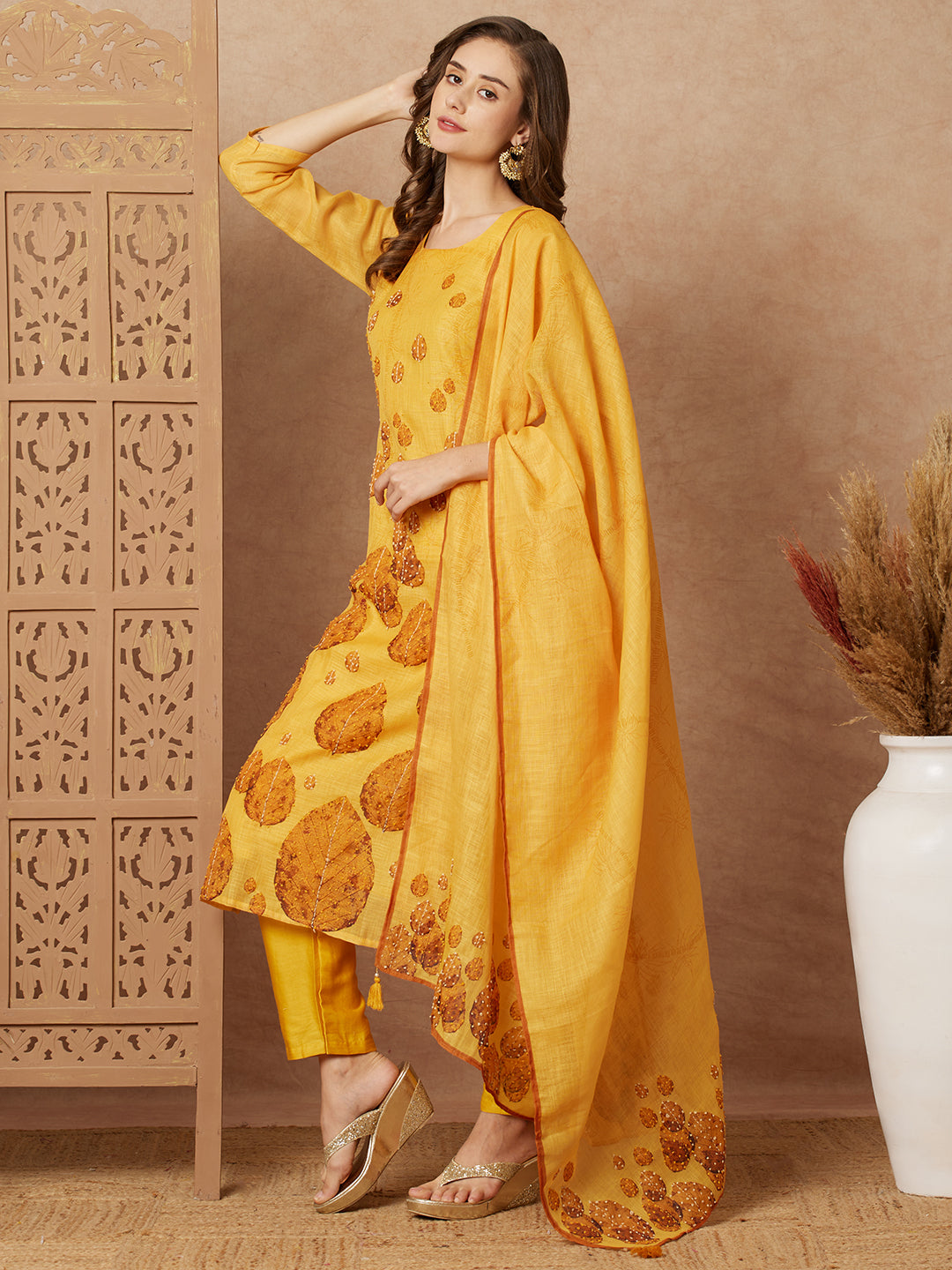 Leaf Printed & Embroidered Straight Kurta with Pant & Dupatta - Yellow