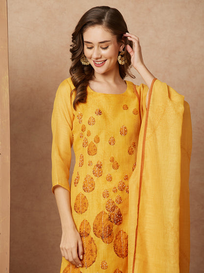 Leaf Printed & Embroidered Straight Kurta with Pant & Dupatta - Yellow