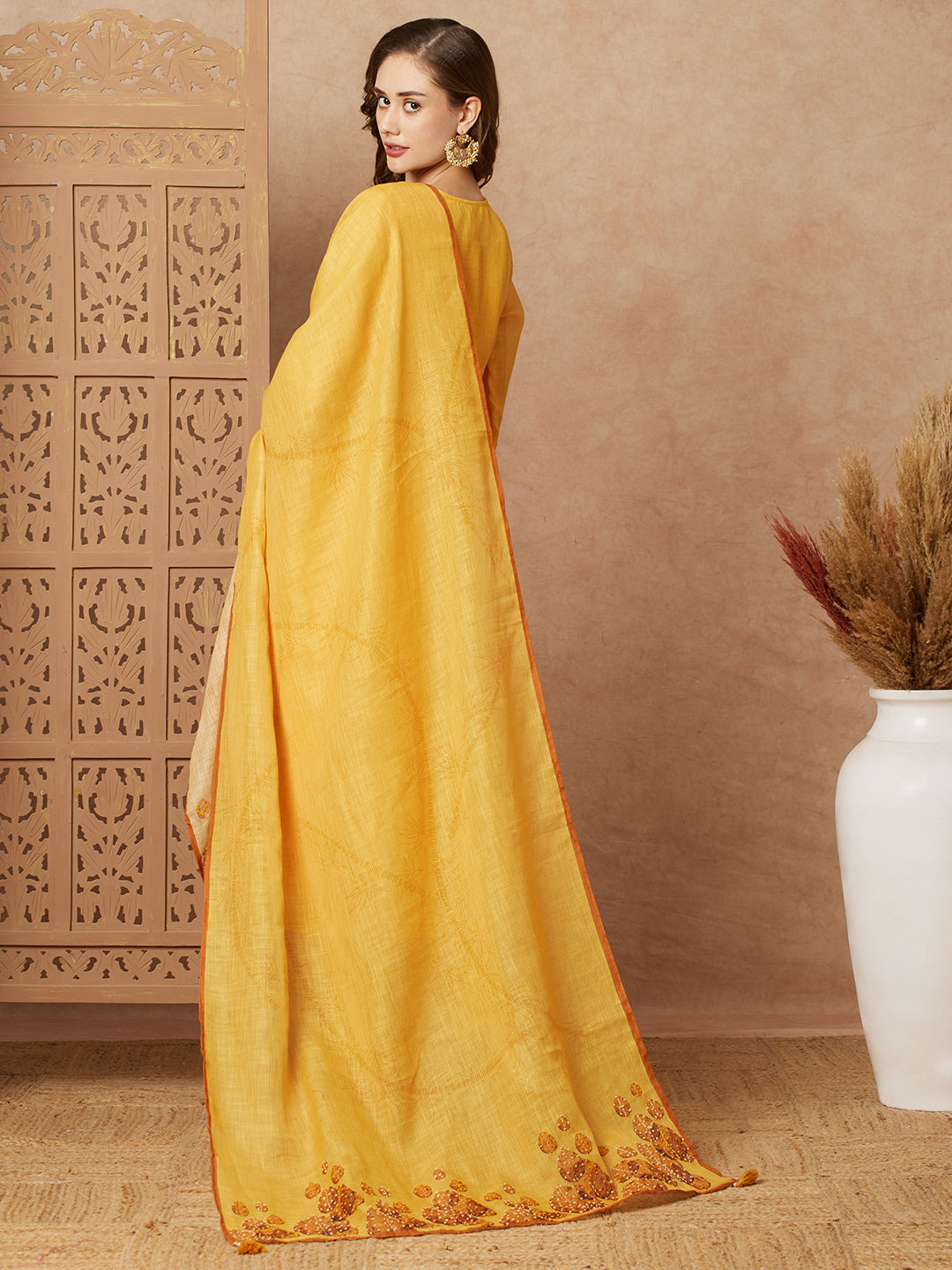 Leaf Printed & Embroidered Straight Kurta with Pant & Dupatta - Yellow