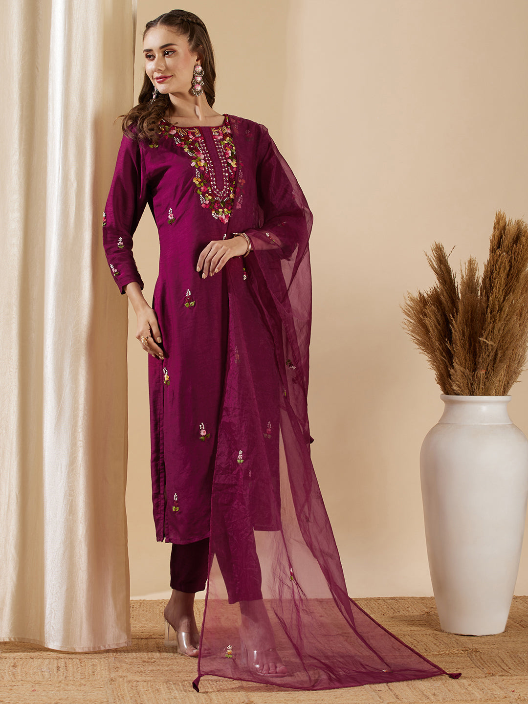 Solid Floral Hand Embroidered Straight Kurta with Pant & Dupatta - Burgundy