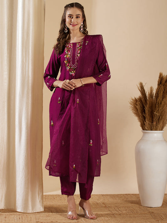 Solid Floral Hand Embroidered Straight Kurta with Pant & Dupatta - Burgundy