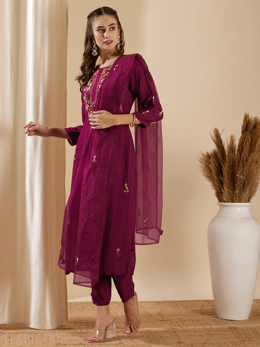 Solid Floral Hand Embroidered Straight Kurta with Pant & Dupatta - Burgundy