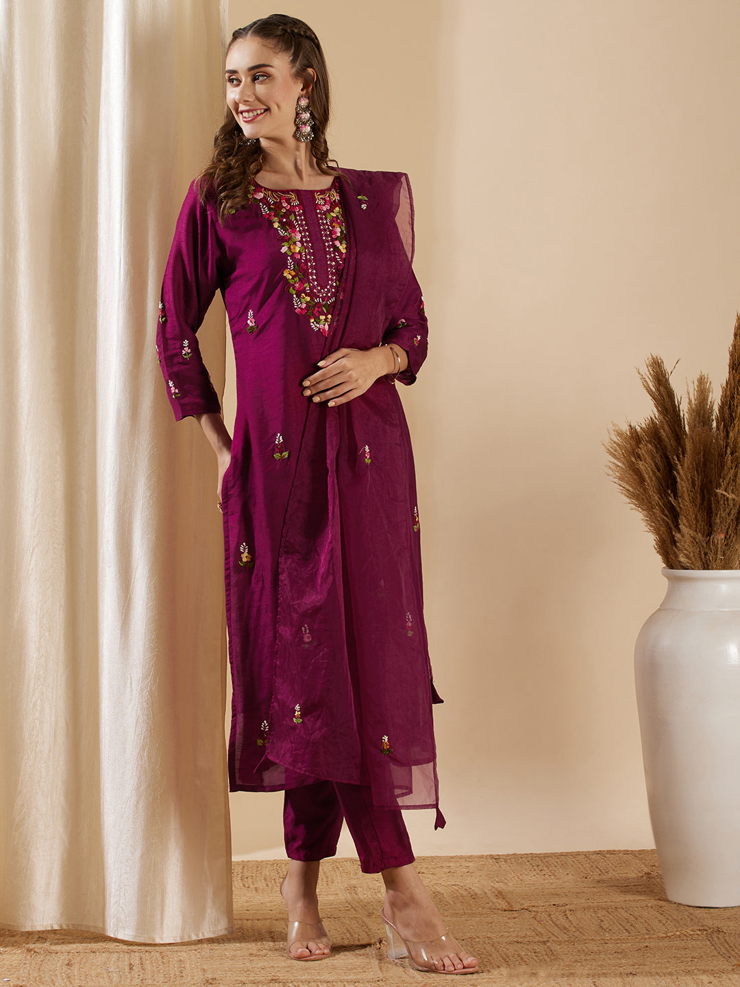 Solid Floral Hand Embroidered Straight Kurta with Pant & Dupatta - Burgundy