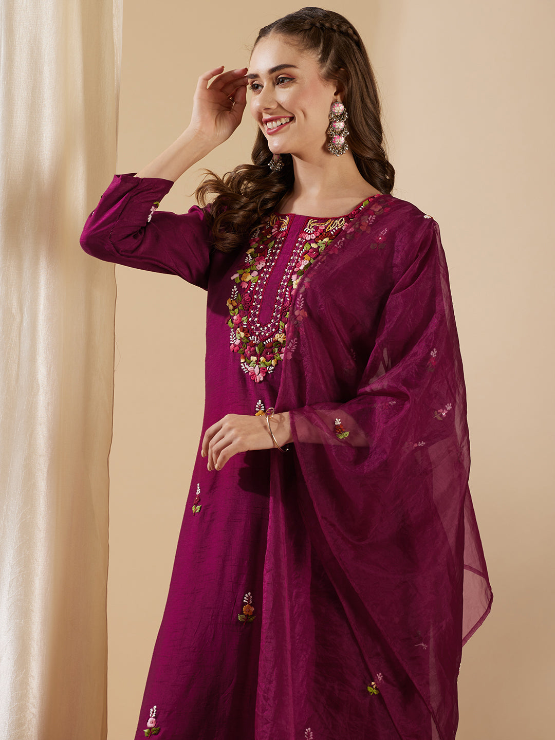 Solid Floral Hand Embroidered Straight Kurta with Pant & Dupatta - Burgundy