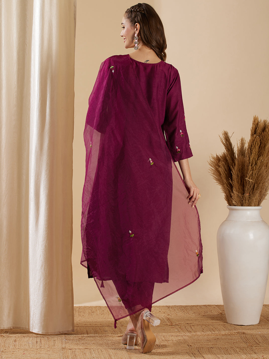 Solid Floral Hand Embroidered Straight Kurta with Pant & Dupatta - Burgundy