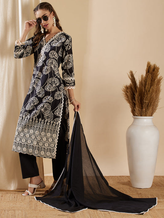 Floral Printed Schiffli Embroidered Straight Kurta with Pant & Dupatta - Black