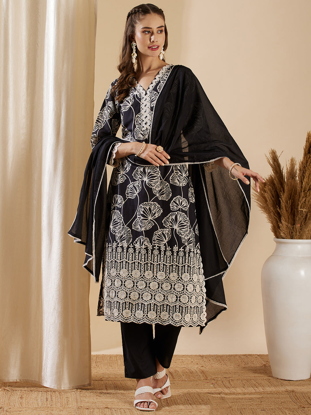 Floral Printed Schiffli Embroidered Straight Kurta with Pant & Dupatta - Black