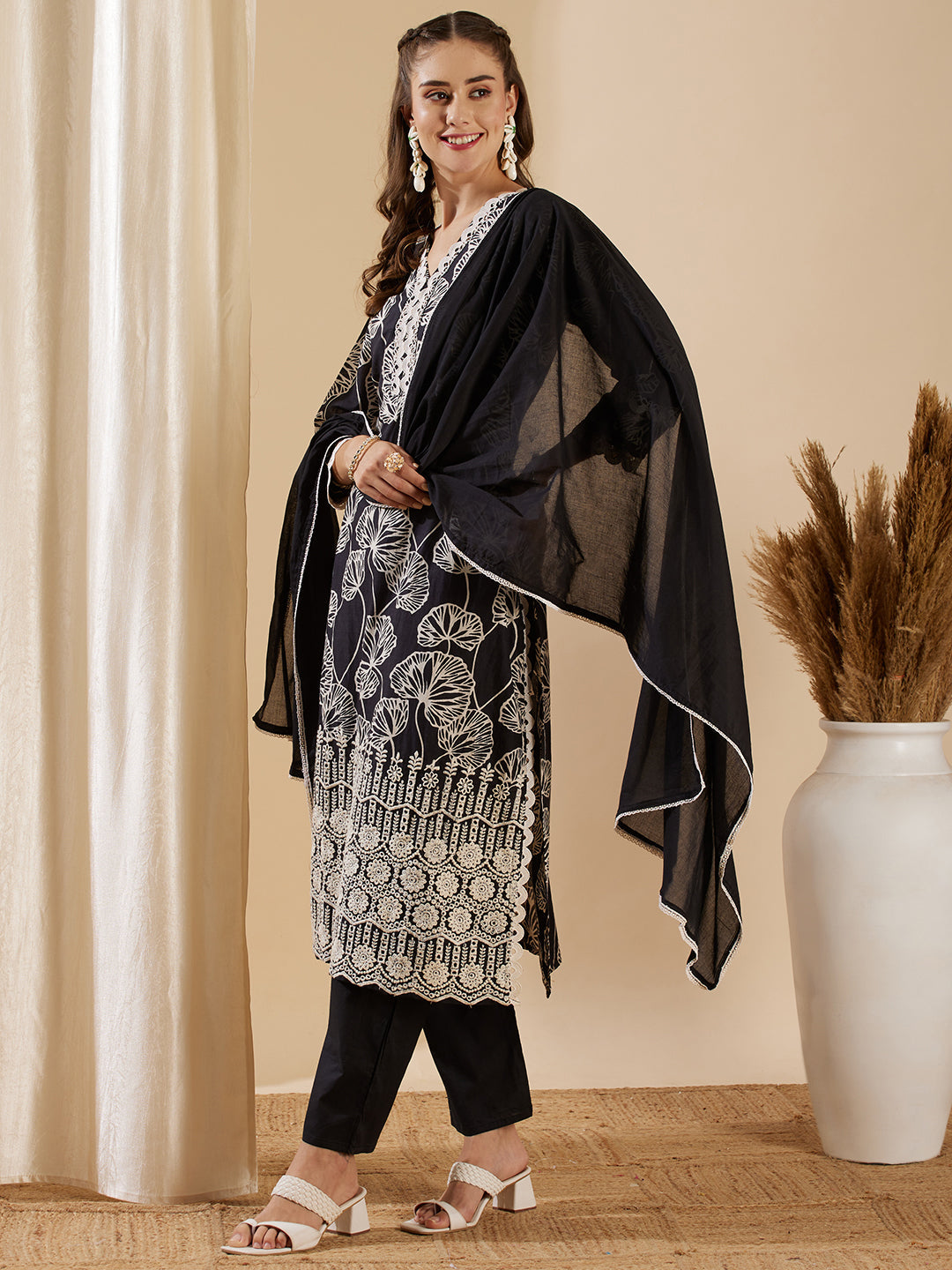 Floral Printed Schiffli Embroidered Straight Kurta with Pant & Dupatta - Black